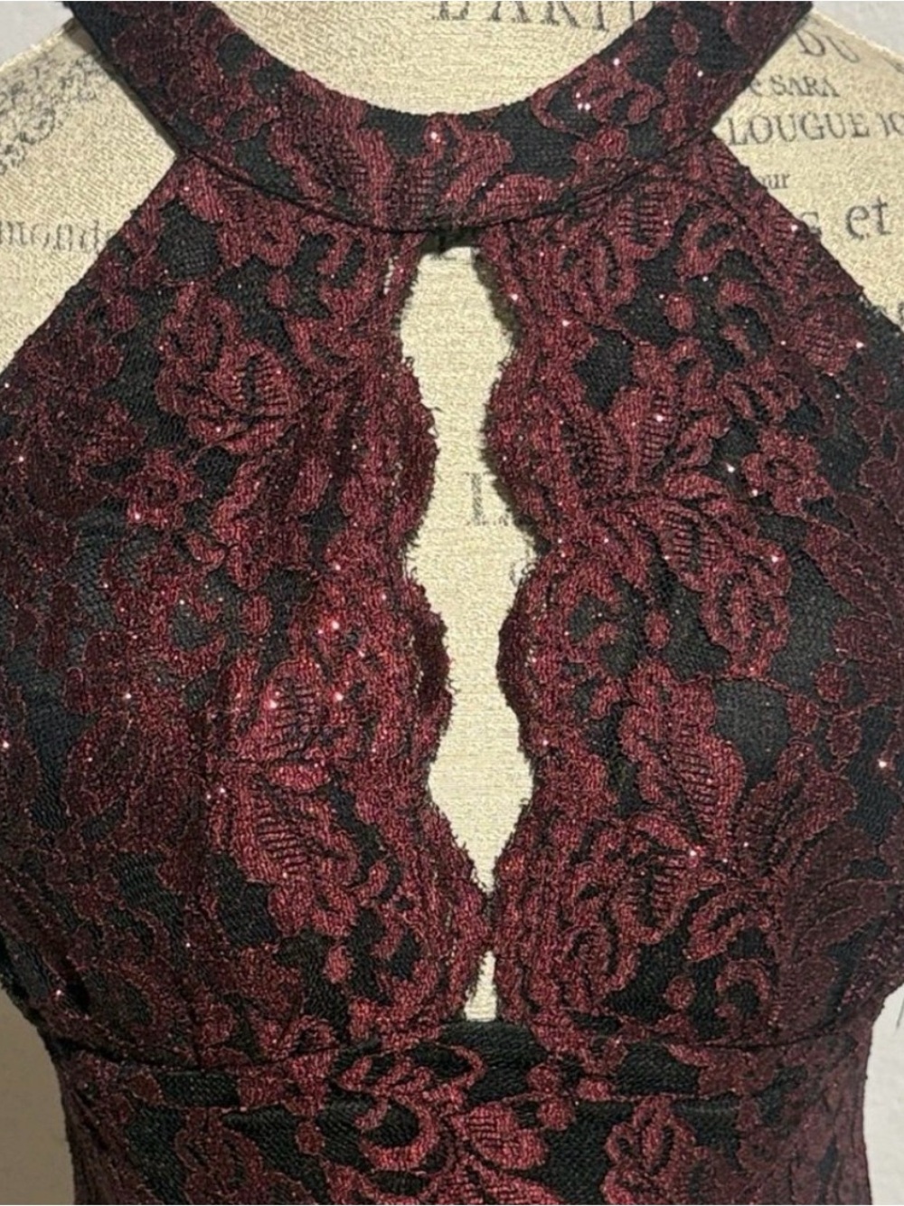 R&M Richards Burgundy Lace Halter Maxi Gown - Picture 3 of 6